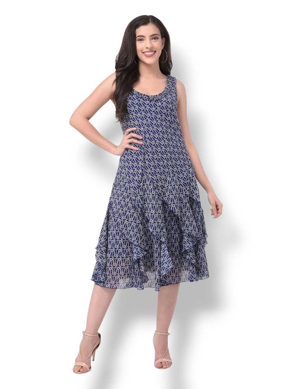 Signature Robbie Bee Women’s Plus Sleeveless Ruffle Hem Midi Dress Navy/White 16